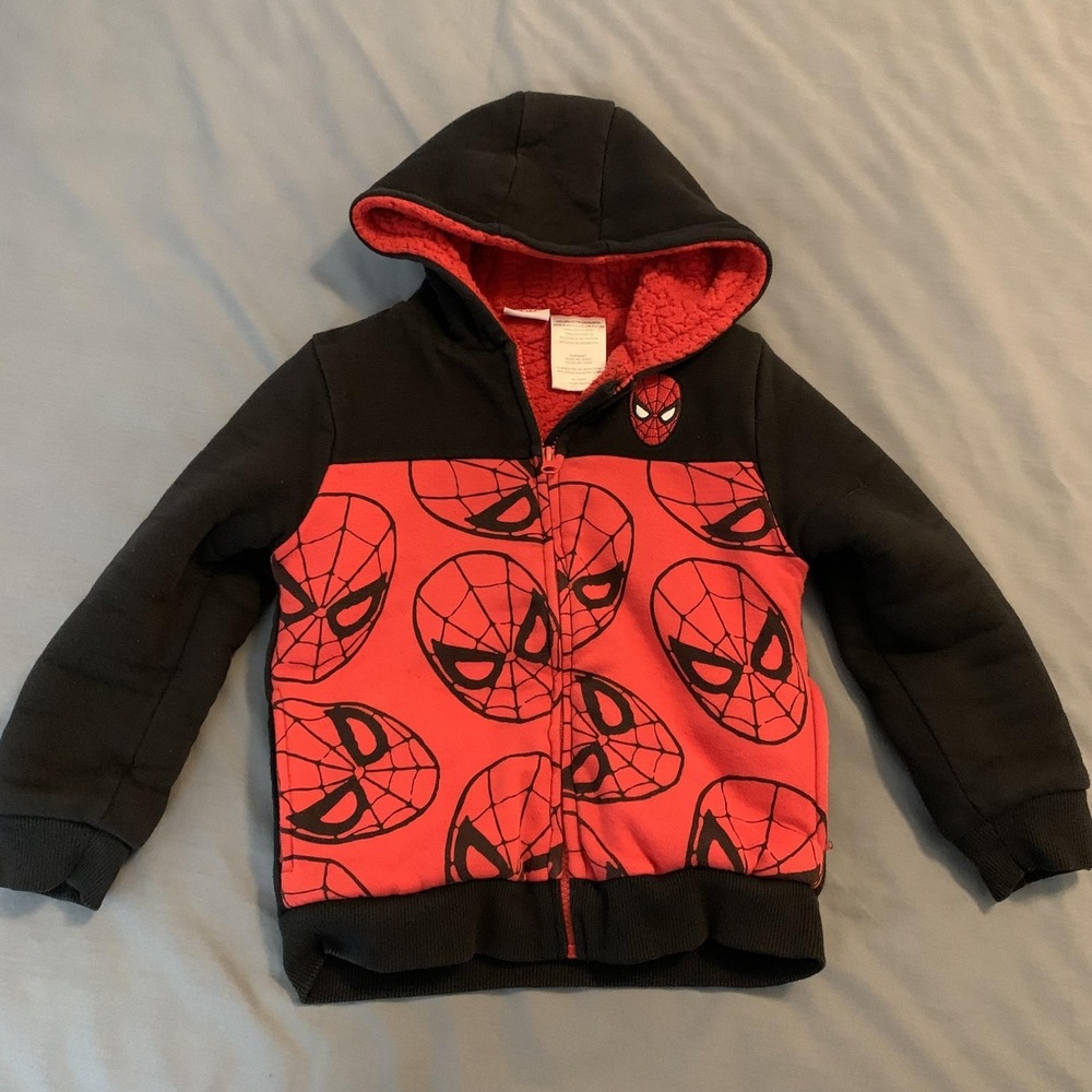 Marvel Jacket Boys 6 Red Black Spider-Man Hooded‎ Sherpa Lined Fleece Full Zip
